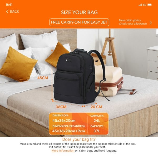 Cabin Pro 'Stride' 45x36x20cm easyJet Underseat Cabin Bag Backpack TSA Approved Lock