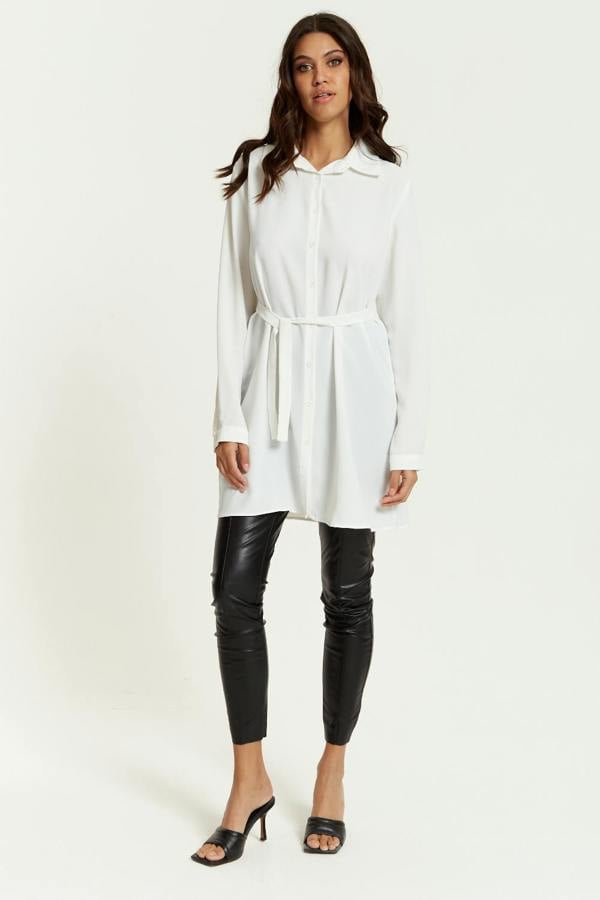 Hoxton Gal Oversized Belt Detailed Shirt Tunic with Long Sleeves in White