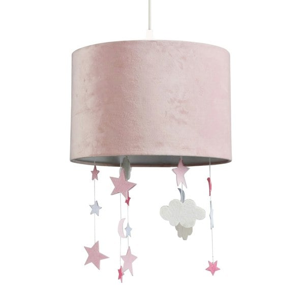 Soft Blush Pink Velvet Pendant Lamp Shade with Hanging Felt Stars and Clouds Image 2