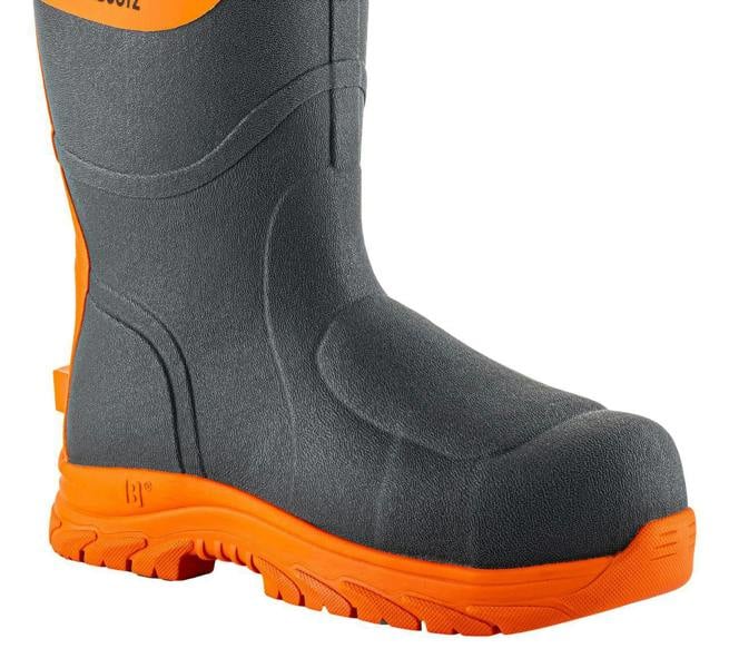 Buckbootz BBZ9000 Mens Safety Waterproof Composite Toe/Midsole S5 Wellington, black and orange safety work boot with waterproof material and reinforced toe.