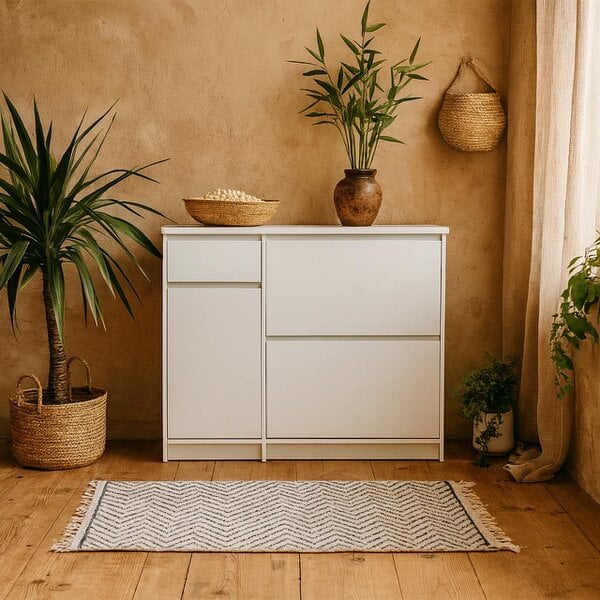 Wyld Haus Budapest White Wooden Shoe Cabinet 3 Doors 1 Drawer