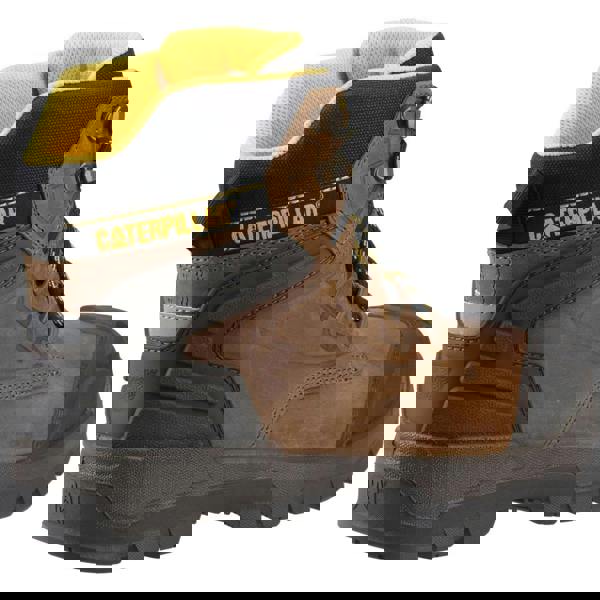Caterpillar Striver XL 6" Mens Waterproof S7 Lace Up Safety Ankle Boots, brown leather work boots with black and yellow accents, durable sole, and protective design.