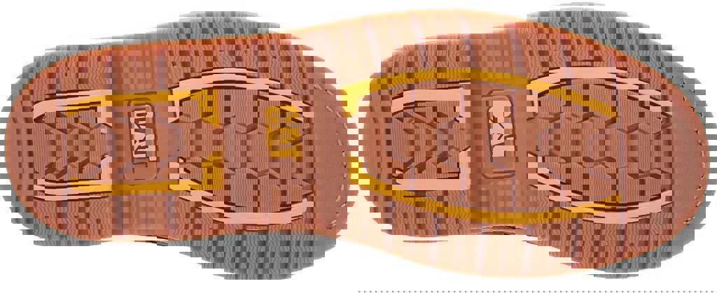 Caterpillar PowerPlant Mens SB Safety Classic Steel Toe Work Boots, close-up view of the brown durable rubber sole with yellow accents and tread pattern.