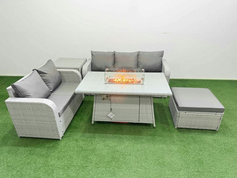 Fimous 6 Seater Rattan Garden Furniture Patio Sofa Set with Fire Pit Dining Table 3 Seater Sofa Love Sofa Big Footstool Side Table