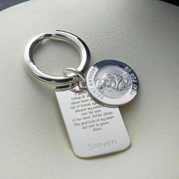 Christopher James of London Sterling Silver Personalised Rectangle St Anthony Keyring With Prayer