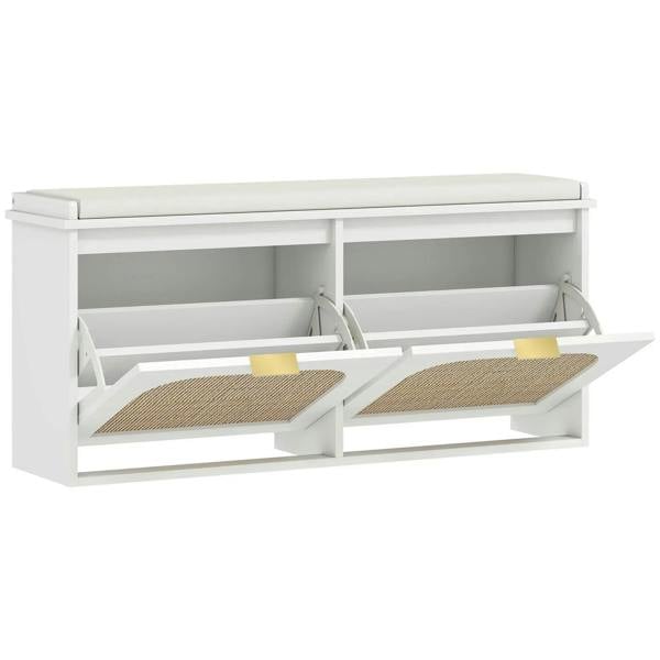 White shoe bench with padded seat and two flip drawers, open storage with woven liners