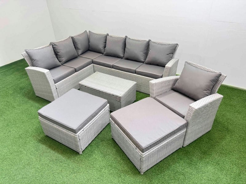 Fimous 9 Seater Garden Outdoor PE Rattan Furniture Set Rattan Garden Sofa Set with 2 Big Footstools Light Grey Mixed