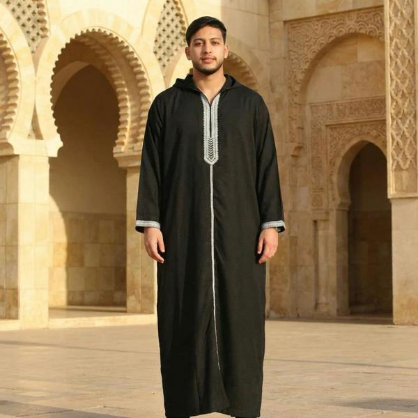 Men's Hooded Gandoura Embroidery Moroccan Thobe - Black - Thobez - 2