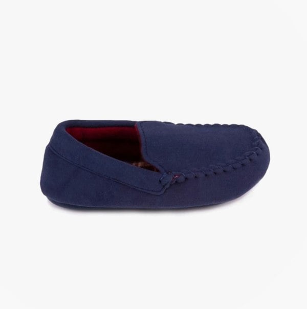 Totes Isotoner MOLESKIN CHECK LINED Boys Moccasin Slippers Navy