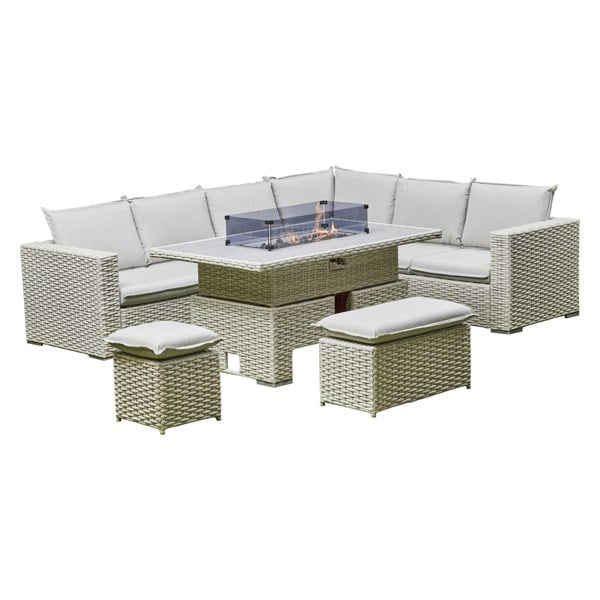 DS Living Malibu 6 Seater Rattan Firepit Dining Set Garden Furniture - Light Grey