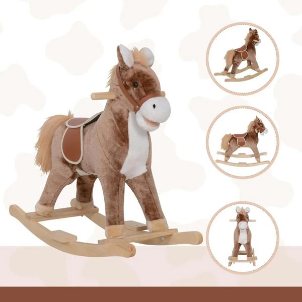 Brown plush rocking horse with white muzzle and wooden rocker base, multi-angle view