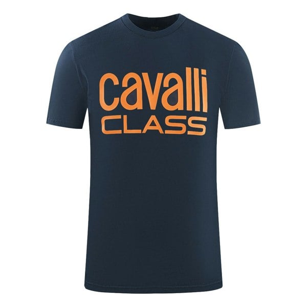 Cavalli Class Bold Orange Logo T-Shirt - Navy Blue