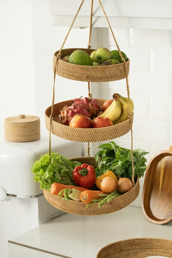 Rattan hanging kitchen basket natural counter organisation wicker
