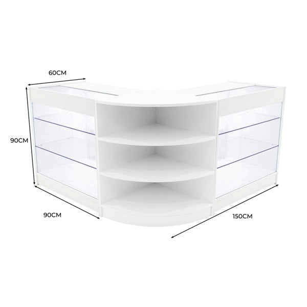 Curved white Apollo LED shop counter set with two glass display shelves, measuring 150cm wide and 90cm tall, ideal for retail use