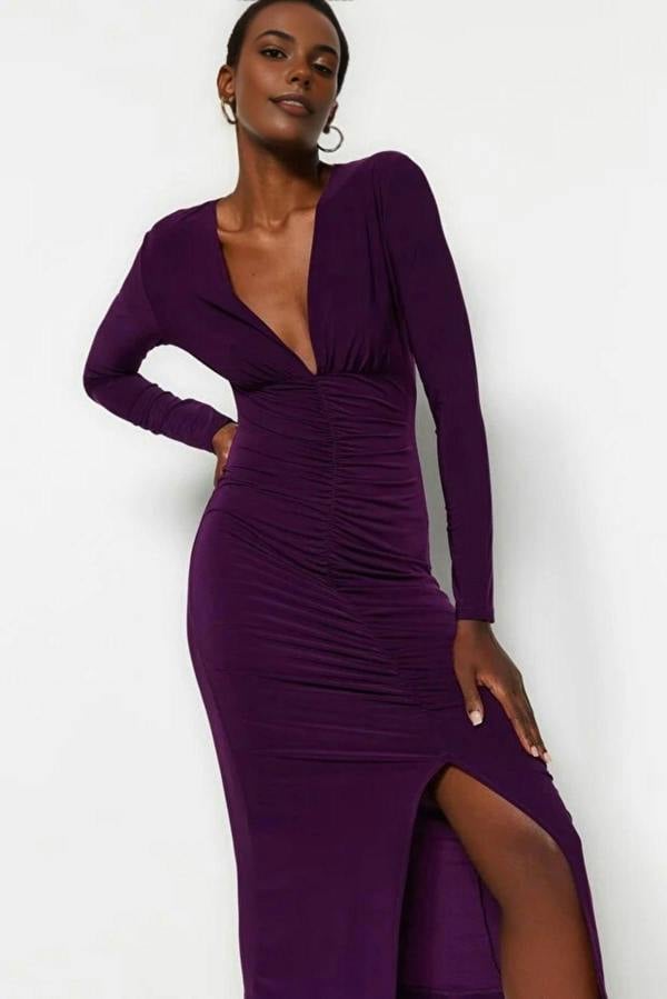 WOVCOR Draped V-Neck Midi Knit Pencil Dress