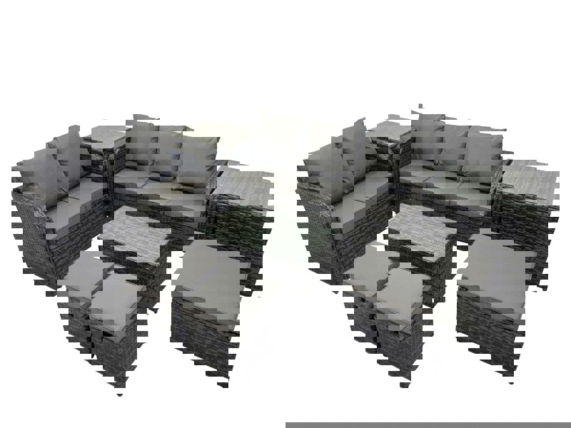 Fimous Outdoor Love Sofa 3 Seater Sofa Coffee Table Set Garden Rattan Furniture Set 8 Seater with 2 Side Tables 3 Stools Dark Grey