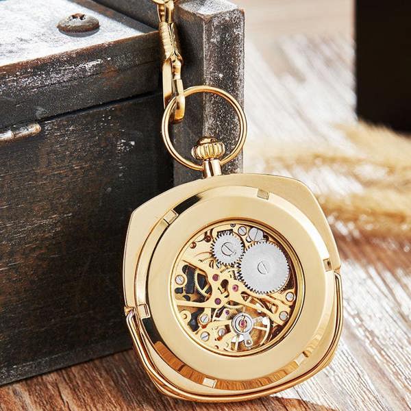 Infinity Leather Mechanical Vintage Skeleton Square Open-Face Pocket Watch