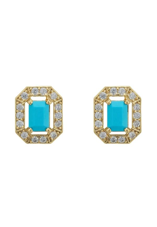 Pair of gold-framed earrings with turquoise centers on a white background