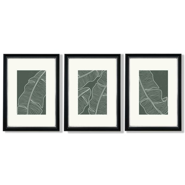 Set of 3 Minimal Green and Cream Botanical Leaves Framed Art Prints with Vermeer Black and Silver Frames