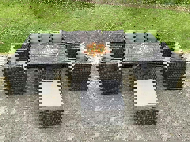 Fimous 6-Seater PE Rattan Outdoor Gas Fire Pit Dining Set | 2 Armchairs, 2 Side Tables, Footstool | Dark Grey