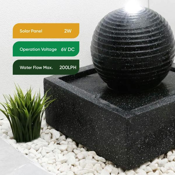 Gardenwize Solar Powered Black Granite-Finish Water Feature with LED Light & Battery Backup
