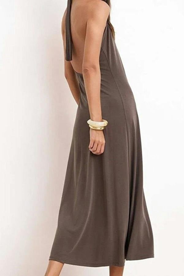 WOVCOR Halter Neck Sleeveless Ruched Midi Knit Dress
