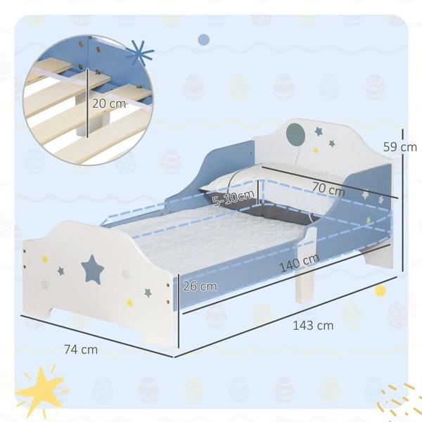 Blue and white toddler bed frame with guardrails shown with dimension measurements