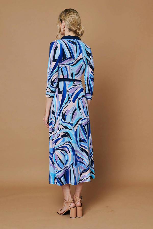 Blue | Abstract Tie Waist Midi Wrap Dress