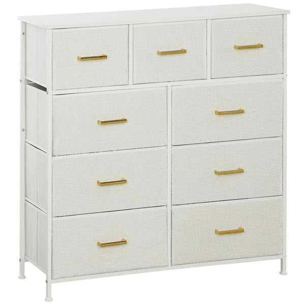 Cream boucle storage chest of drawers with 9 fabric drawers, steel frame legs, gold handles