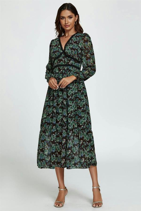 FS Collection Floral Print Long Sleeve Midi Dress In Brown