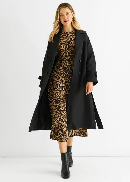 Gini London Black Double Breast Longline Belted Trench Coat