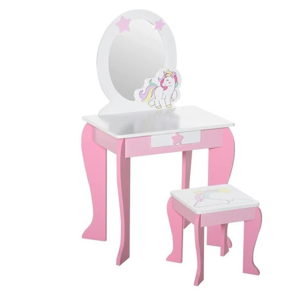 Kids pink dressing table with oval mirror, unicorn decal, and matching stool