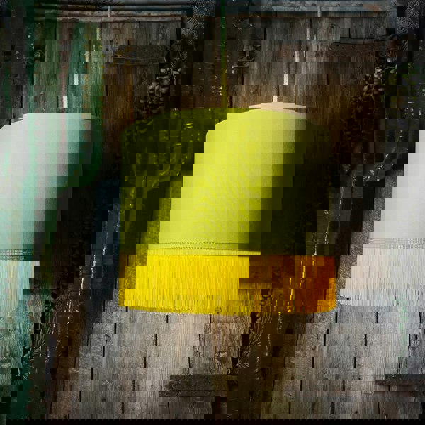 Love Frankie banana cotton lampshade gold lining and fringing light on