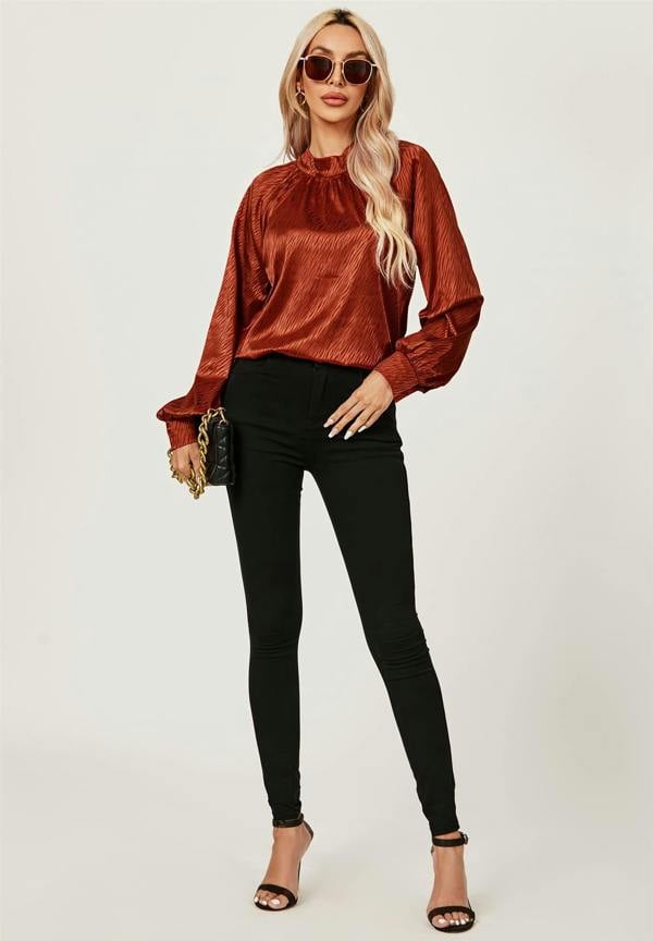 FS Collection Halter Neck Satin Long Sleeve Blouse Top In Copper Red
