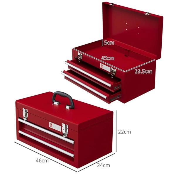 Red metal tool box open, showing top case and two slide-out drawers with chrome rails