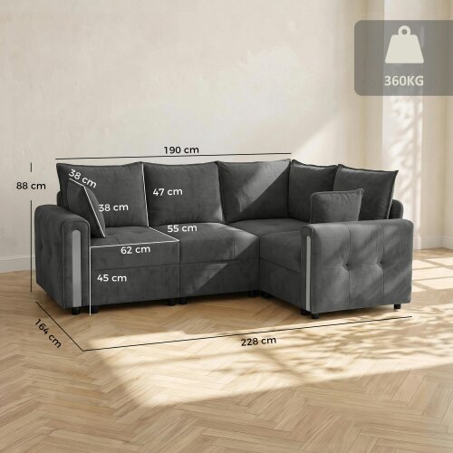 HOMCOM 228cm L Shaped Sofa 3-Seater Sectional Sofa with Storage, Dark Grey