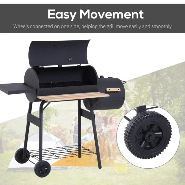 Black charcoal BBQ grill with wooden worktop, steel grates, and large caster wheels.