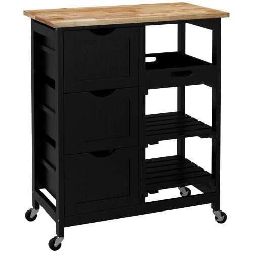 Wyld Haus Tovafi Wooden Black Compact Rolling Kitchen Island With Wood Top Shelves And Drawers