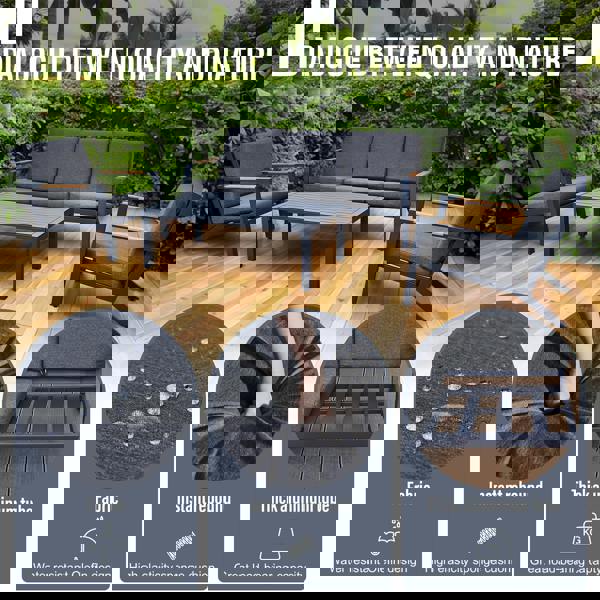 malibu aluminium 5 seat lounge set in grey with olefin cushions & syn teak arms