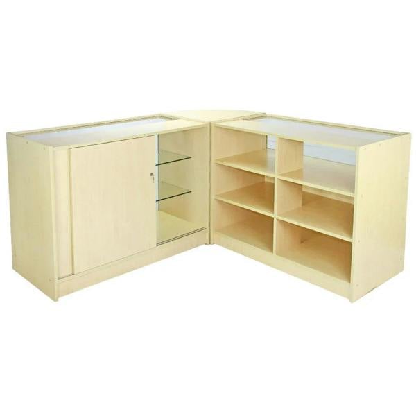 Pisces Maple Shop Counter & Retail Display Set in light maple finish, featuring glass display tops, shelves, and a secure cabinet for storage