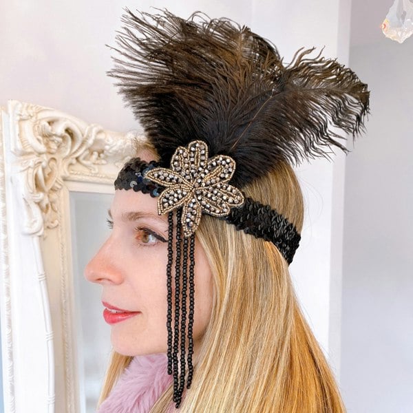 flapper headpiece feathers beading black
