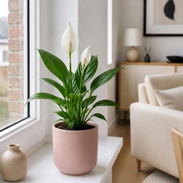 Peace Lily Plant 12cm - Air Purifying Houseplant Elegant Indoor Plant with White Flowers - Matt Pink Ceramic Pot - 1