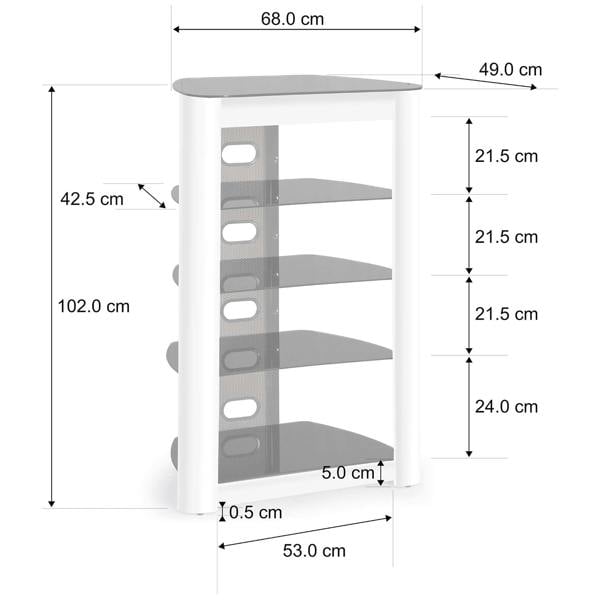 Homeology ZINNIA 5-Tier Entertainment Media Stand Black Glass Shelves & Greige Facia Audio Rack Stylish Home Theater Storage