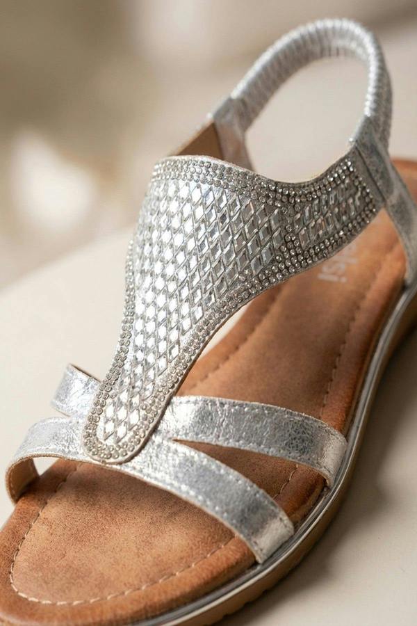 Amelia Womens Rhinestone Strappy Flat Sandals - Silver