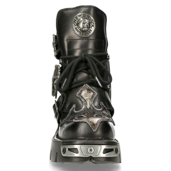 New Rock Silver Cross Black Leather Biker Boots-407-S1