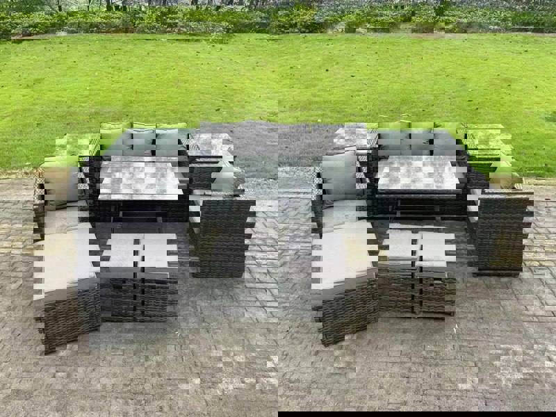 Fimous 8 Seater Rattan Outdoor Furniture Sofa Garden Dining Set with Dining Table 2 Armchairs 2 Side Tables 3 Stools Dark Grey Mixed