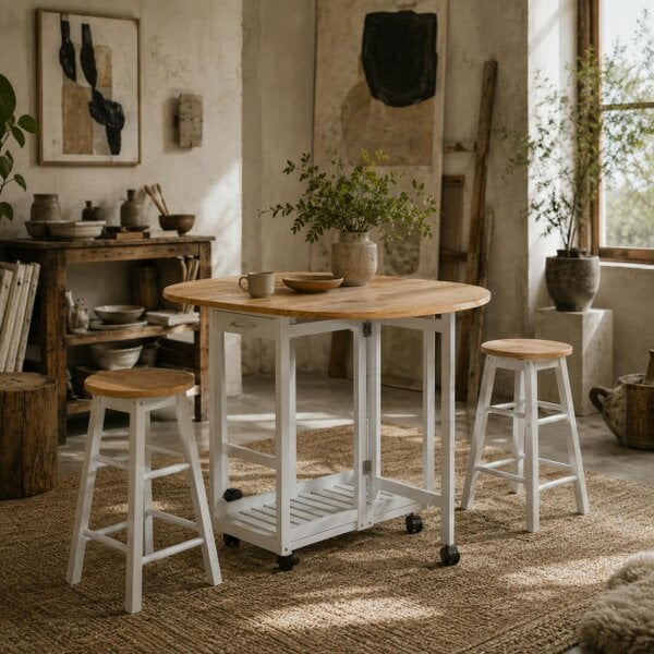 Wyld Haus Rasola Wooden White Mobile Drop Leaf Dining Table With Stools Drawers Shelving And Wheels