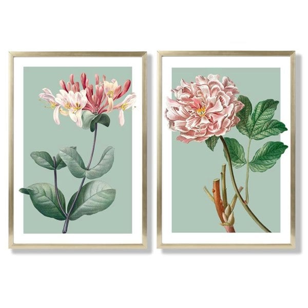 Sage Green Geometric Pineapple Fruit Set of 2 Art Prints with Gold Frame