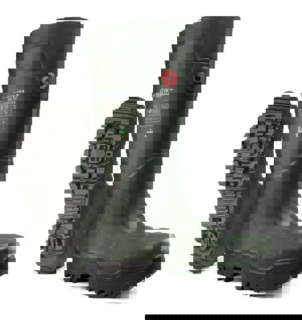 Dunlop PuroFort FieldPro Thermo+ Mens Safety Work Composite Toe/Midsole S5 Wellie, green safety work boots with sturdy soles and reinforced toe for industrial protection.