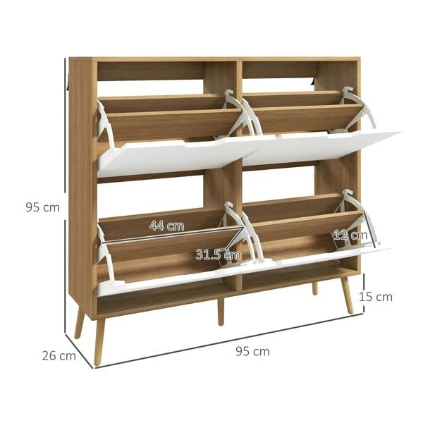 Natural wood shoe cabinet with open flip drawers showing empty shoe compartments
